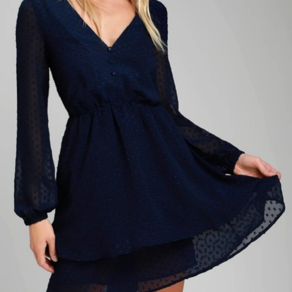 Lulus Brilliant Love Navy Blue Swiss Dot Long Sleeve Skater Dress (M)
